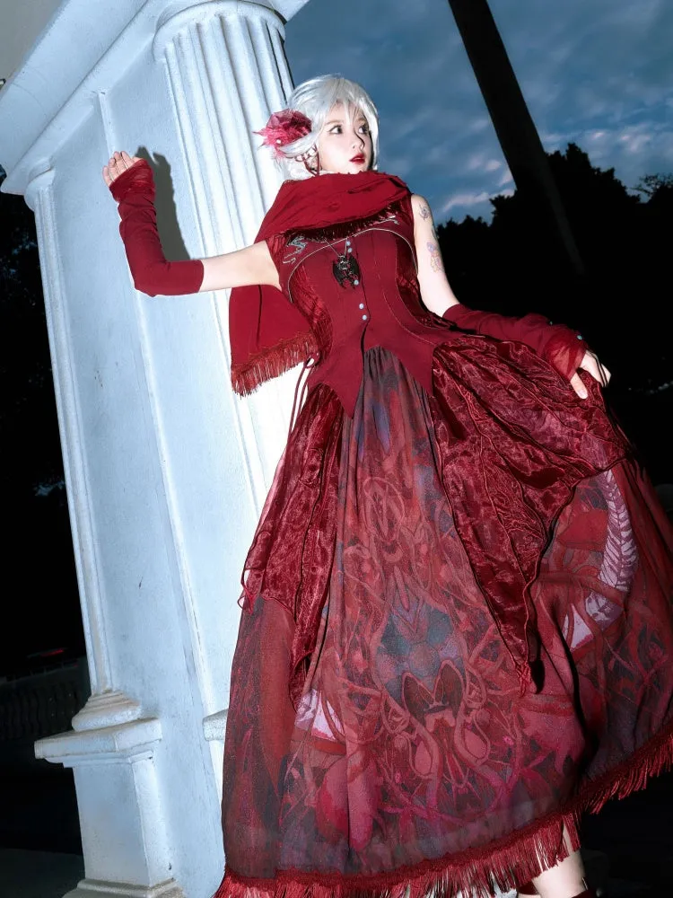 Red Dragon Print Skirt with Irregular Embroidered Overlay