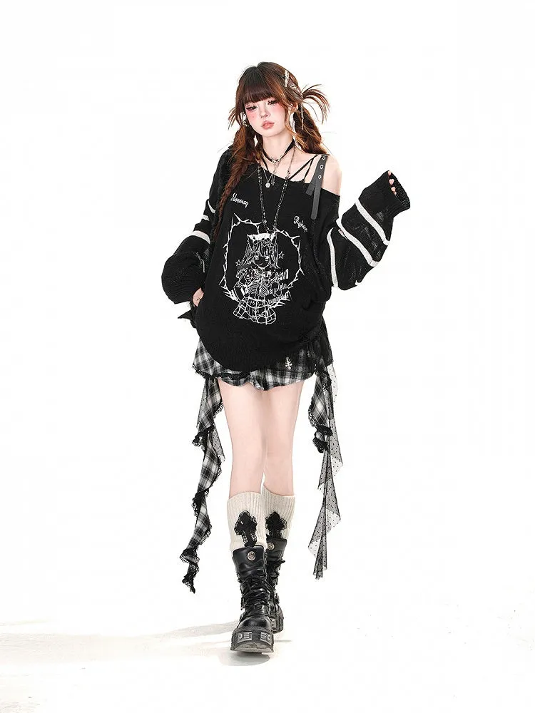 Skirt Hem Asymmetrical Mesh Patchwork Design Black Plaid Pattern Ruffled Polka-dot