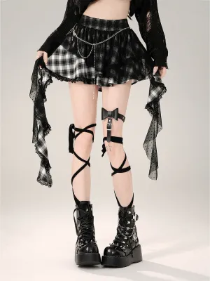 Skirt Hem Asymmetrical Mesh Patchwork Design Black Plaid Pattern Ruffled Polka-dot