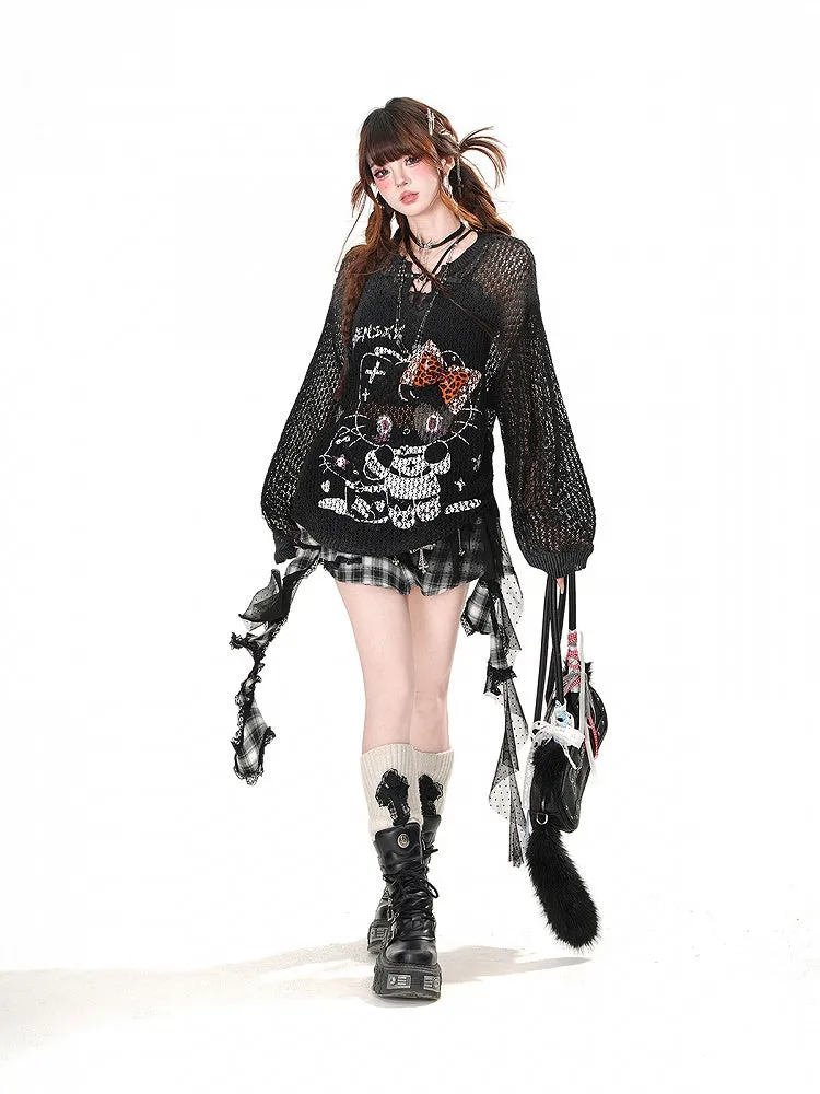 Skirt Hem Asymmetrical Mesh Patchwork Design Black Plaid Pattern Ruffled Polka-dot