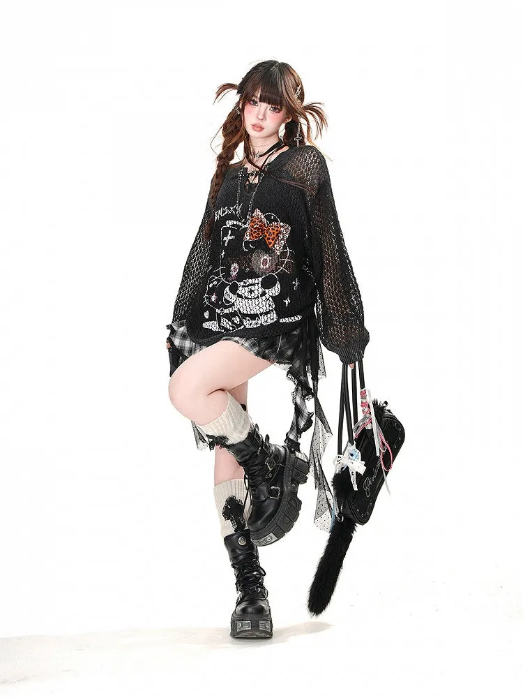 Skirt Hem Asymmetrical Mesh Patchwork Design Black Plaid Pattern Ruffled Polka-dot