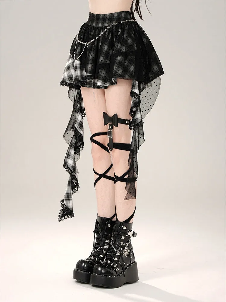 Skirt Hem Asymmetrical Mesh Patchwork Design Black Plaid Pattern Ruffled Polka-dot
