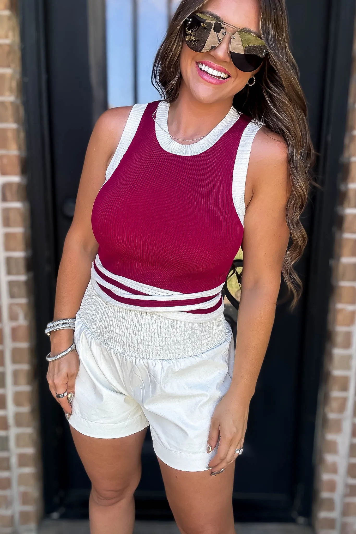 Sleeveless Crimson Ribbed Tank Top