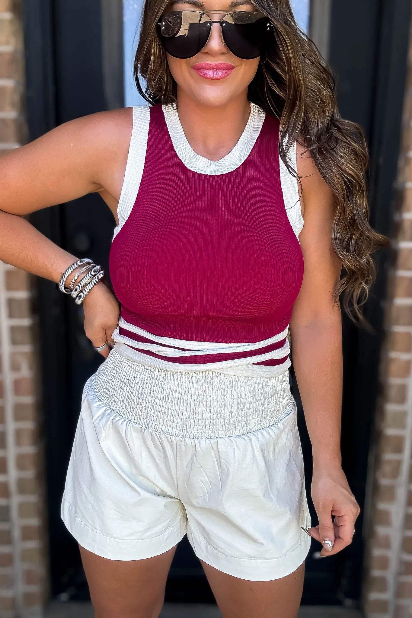 Sleeveless Crimson Ribbed Tank Top