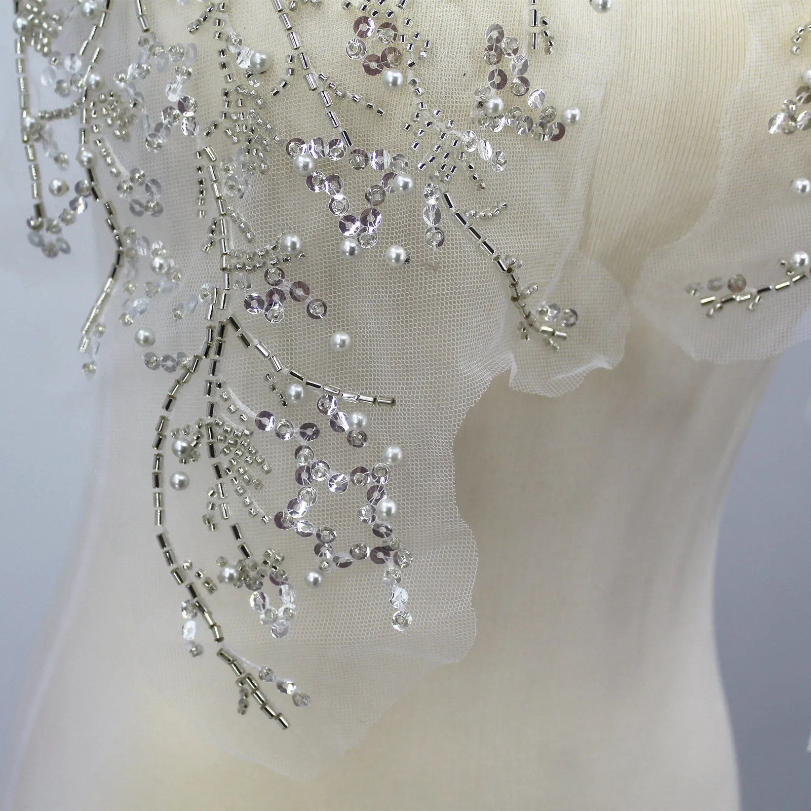 SUNMOVE One Pair 3D Beaded Embroidery Sequin Lace Applique Sew On Flower Fabric Collar Patch Motif Wedding Gown Dress Bridal DIY Crafts