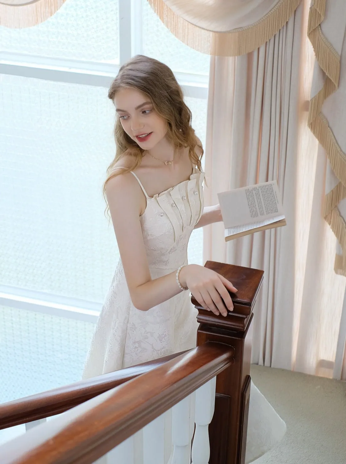 Suspender Beaded Jacquard Dress French Long