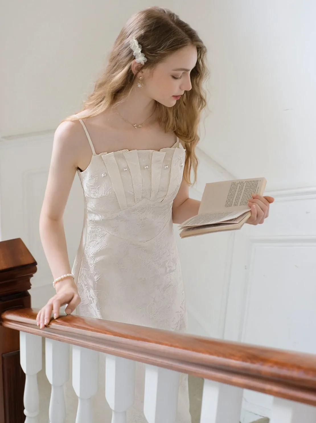 Suspender Beaded Jacquard Dress French Long