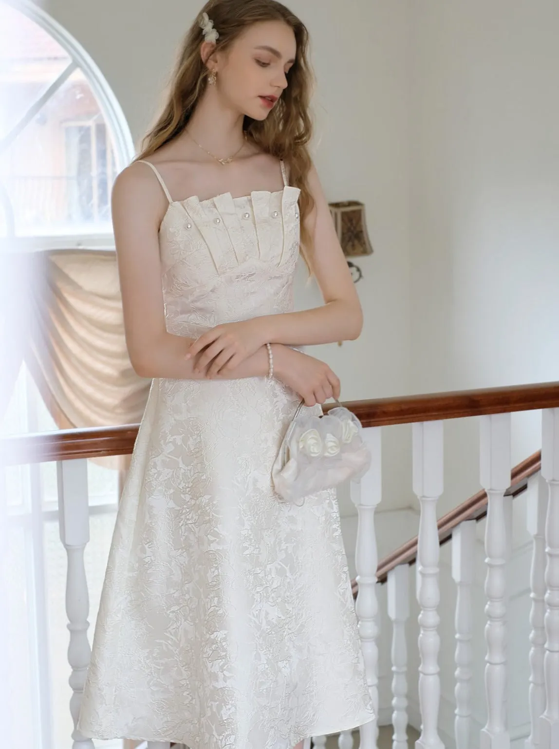 Suspender Beaded Jacquard Dress French Long