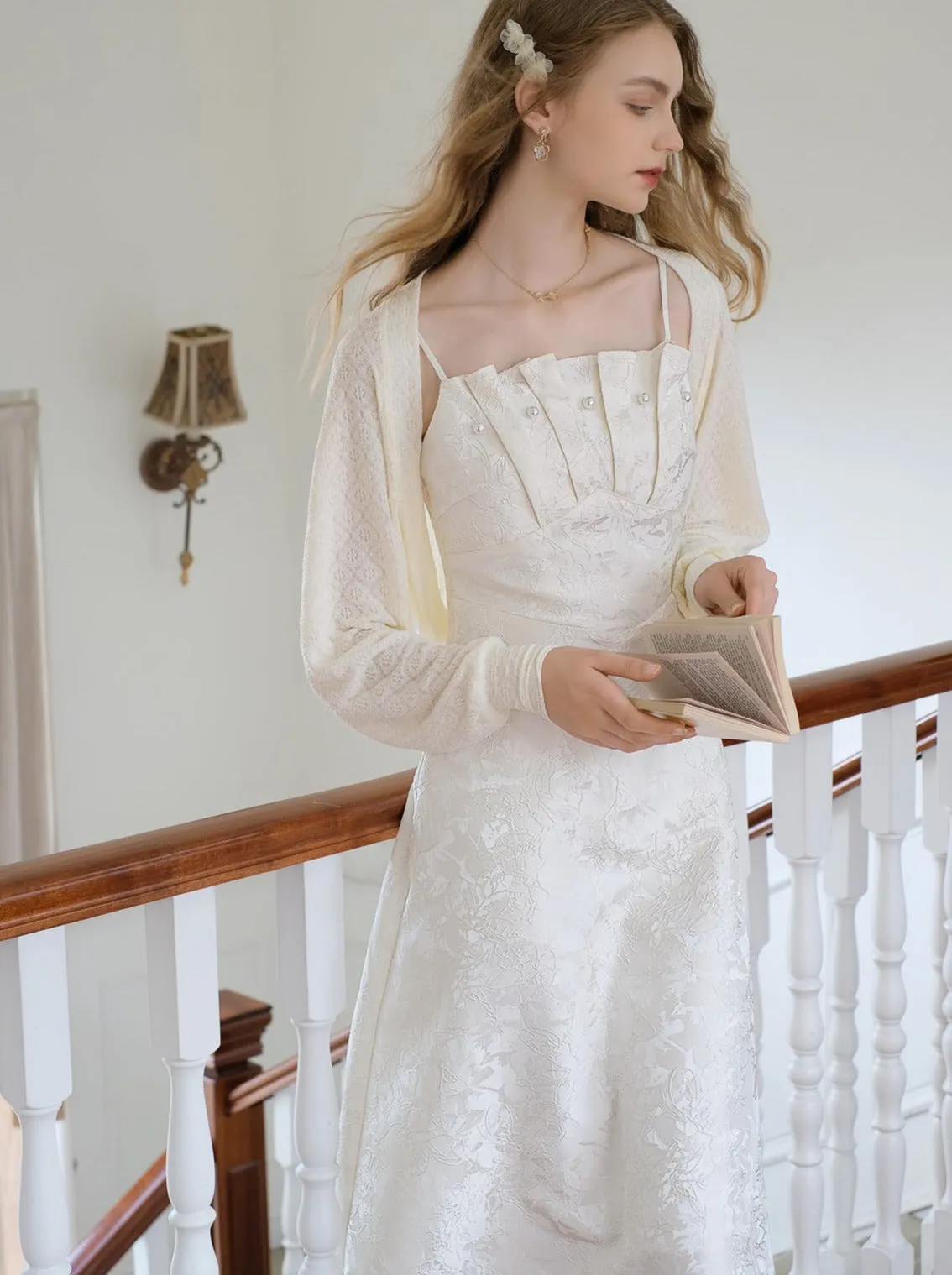 Suspender Beaded Jacquard Dress French Long