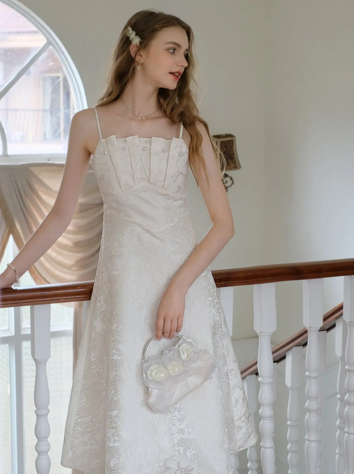 Suspender Beaded Jacquard Dress French Long