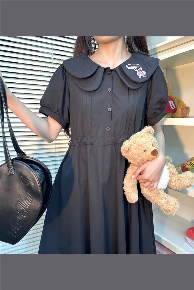 Sweet Preppy Embroidered Black Dress
