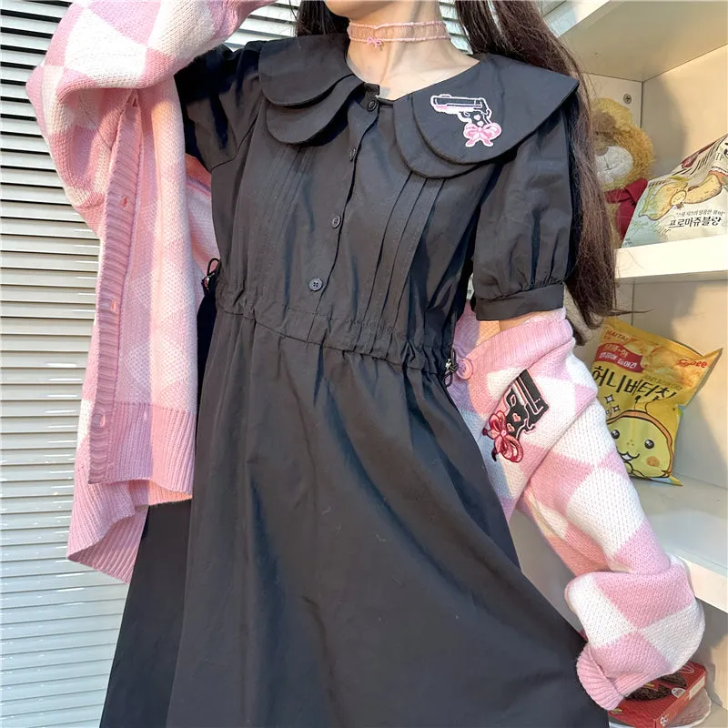 Sweet Preppy Embroidered Black Dress
