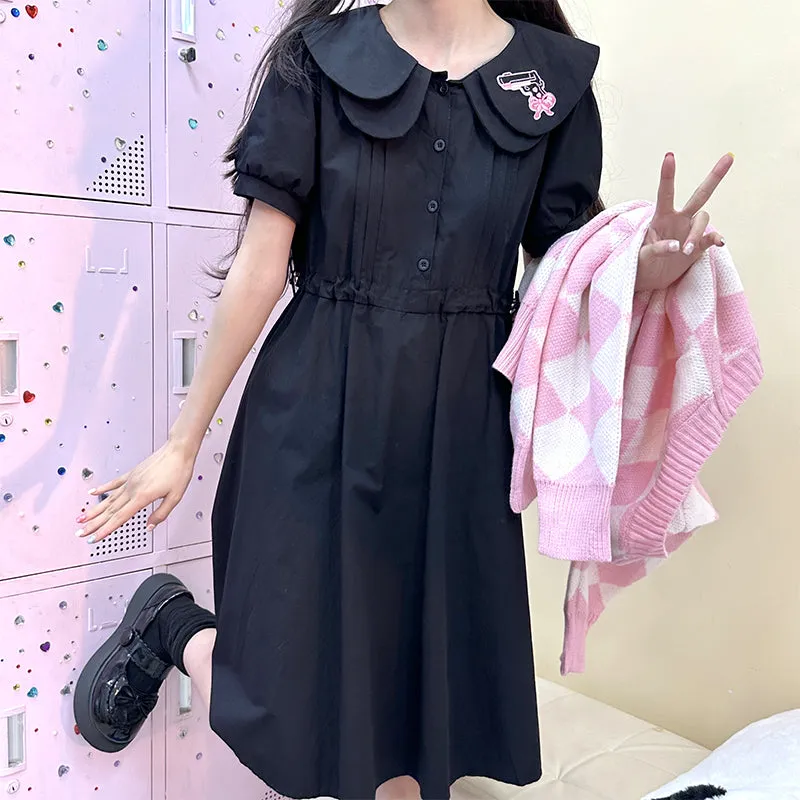 Sweet Preppy Embroidered Black Dress