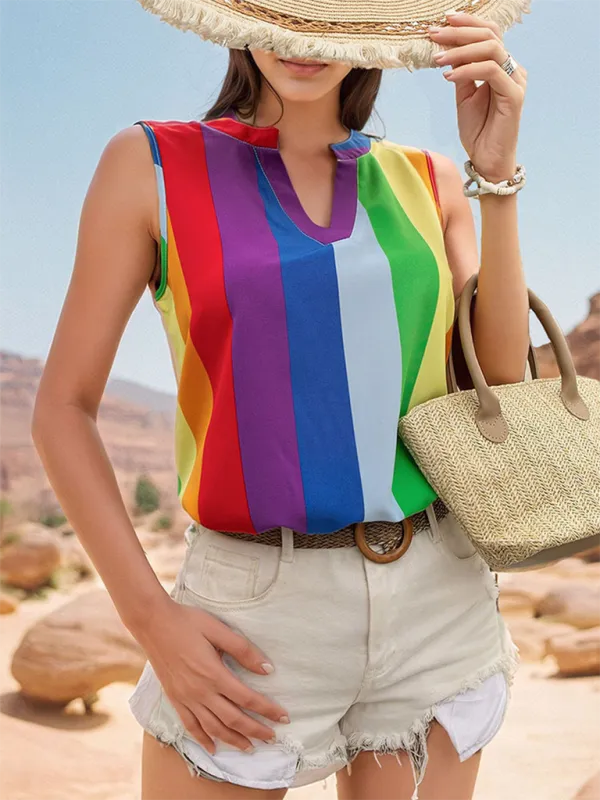 TEEK - Sleeveless Colorful Striped V-Neck Top