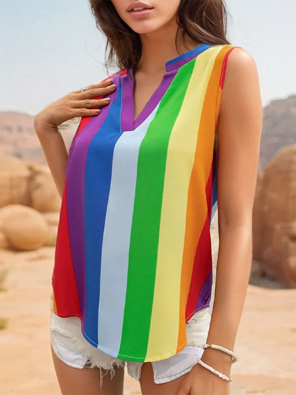 TEEK - Sleeveless Colorful Striped V-Neck Top
