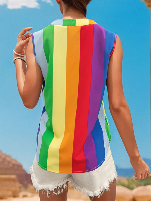 TEEK - Sleeveless Colorful Striped V-Neck Top