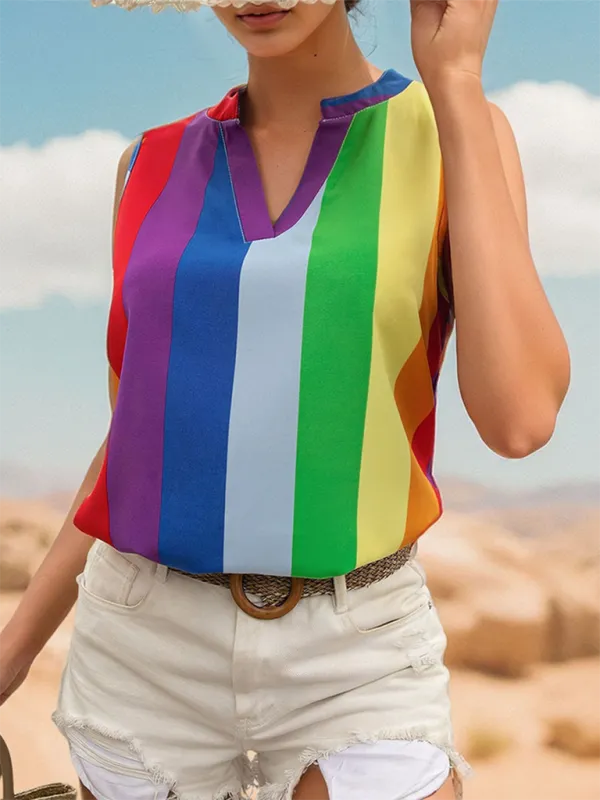 TEEK - Sleeveless Colorful Striped V-Neck Top