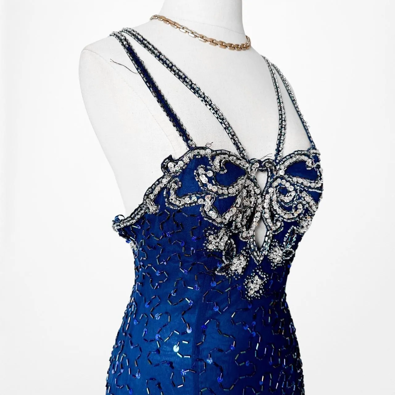 Vintage Navy Blue Silk Beaded Slit Bodycon Maxi Cocktail Prom Dress Size S/M