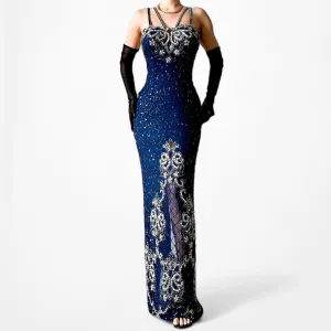 Vintage Navy Blue Silk Beaded Slit Bodycon Maxi Cocktail Prom Dress Size S/M