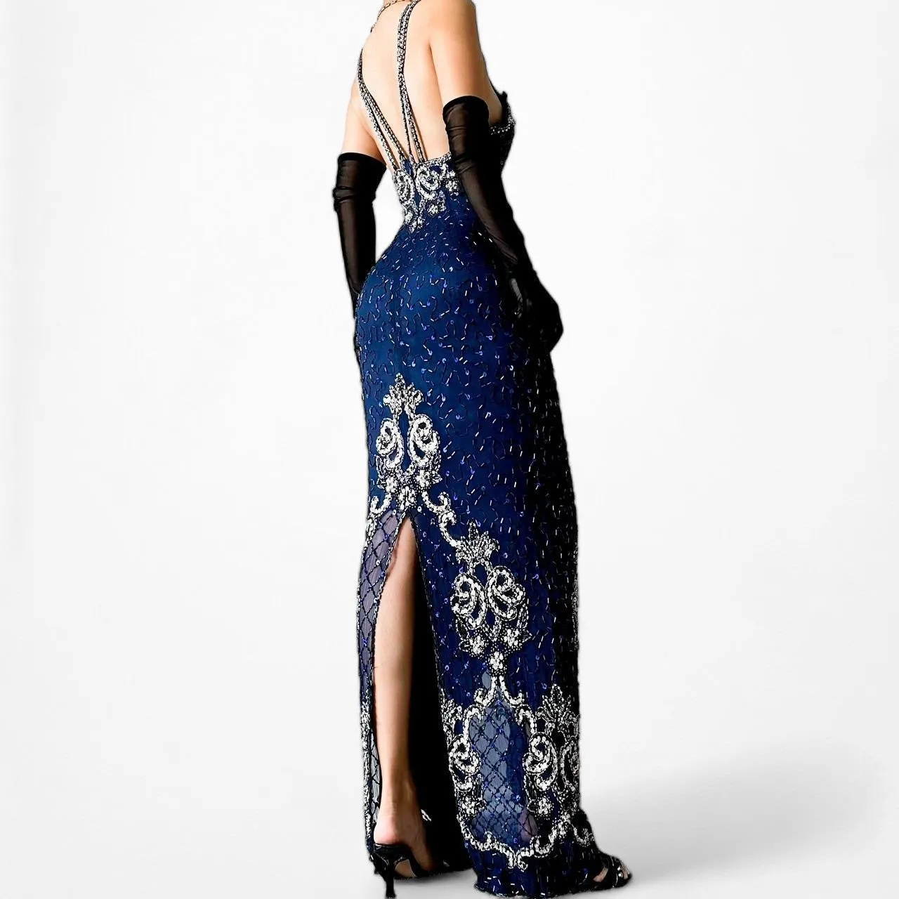 Vintage Navy Blue Silk Beaded Slit Bodycon Maxi Cocktail Prom Dress Size S/M