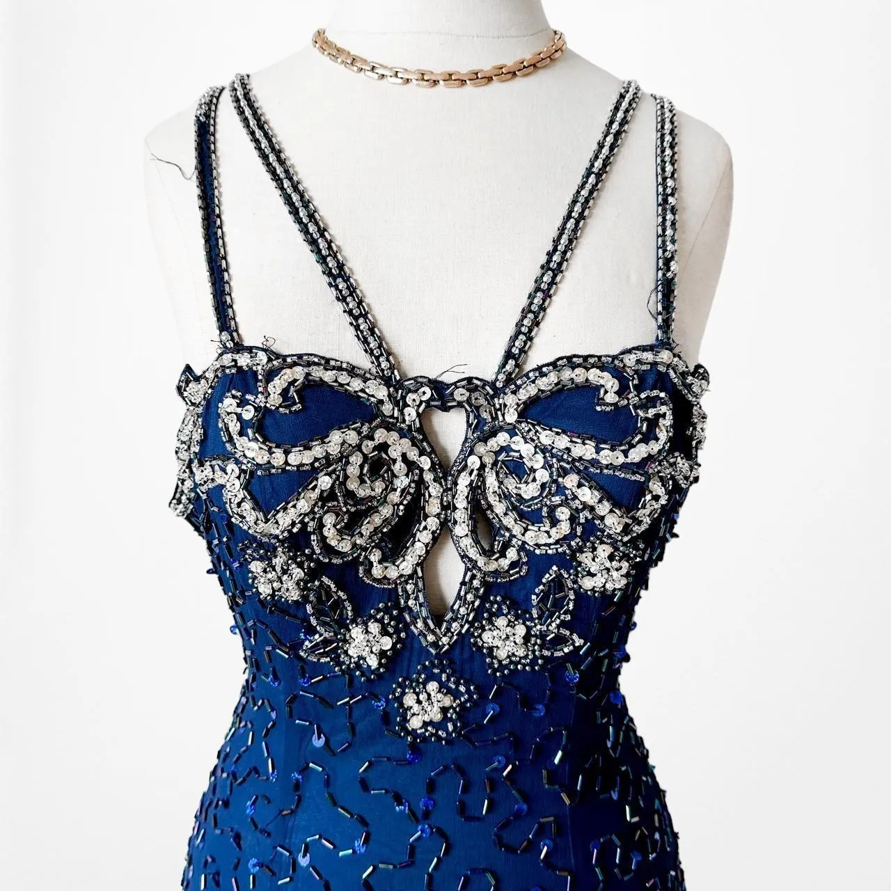 Vintage Navy Blue Silk Beaded Slit Bodycon Maxi Cocktail Prom Dress Size S/M