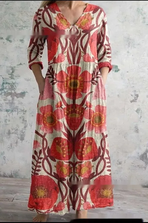 Women's Loose And Fashionable V-neck Printed Dress